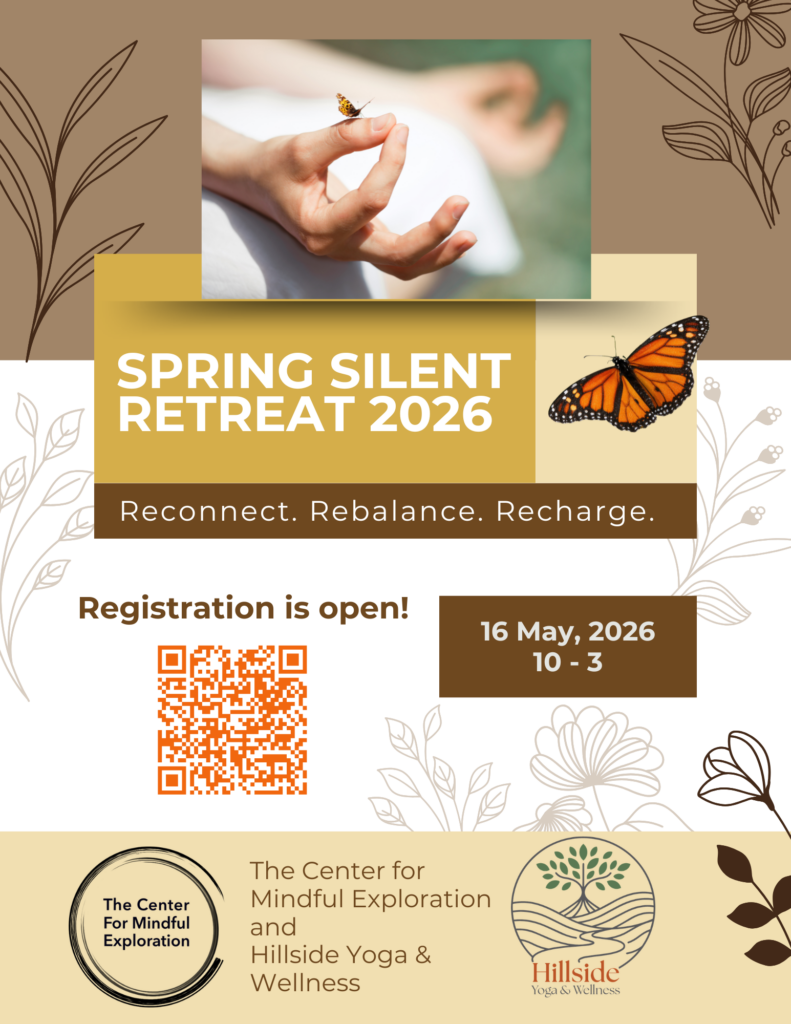 image with a person's hand in a meditation gesture and information about the retreat, QR code